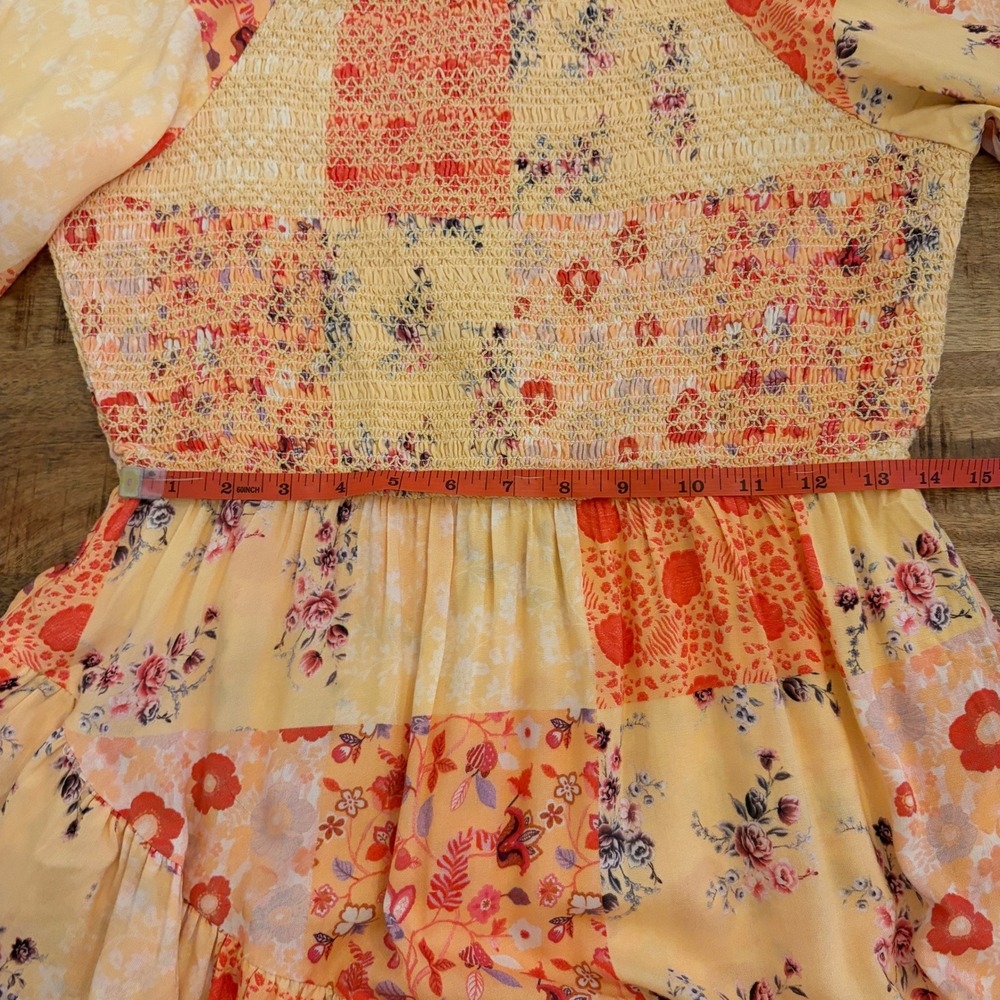 JessaKae Tweedle Dee Mini Dress L Floral Patchwork Smocked Puff Sleeve Boho NWT - Picture 11 of 12